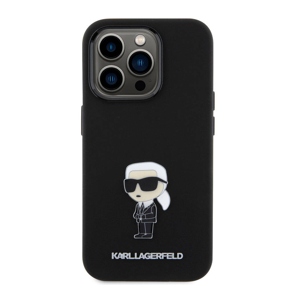 Apple iPhone 15 Pro Max Kılıf Karl Lagerfeld Silikon İkonik Metal Logo Orjinal Lisanslı Kapak Siyah