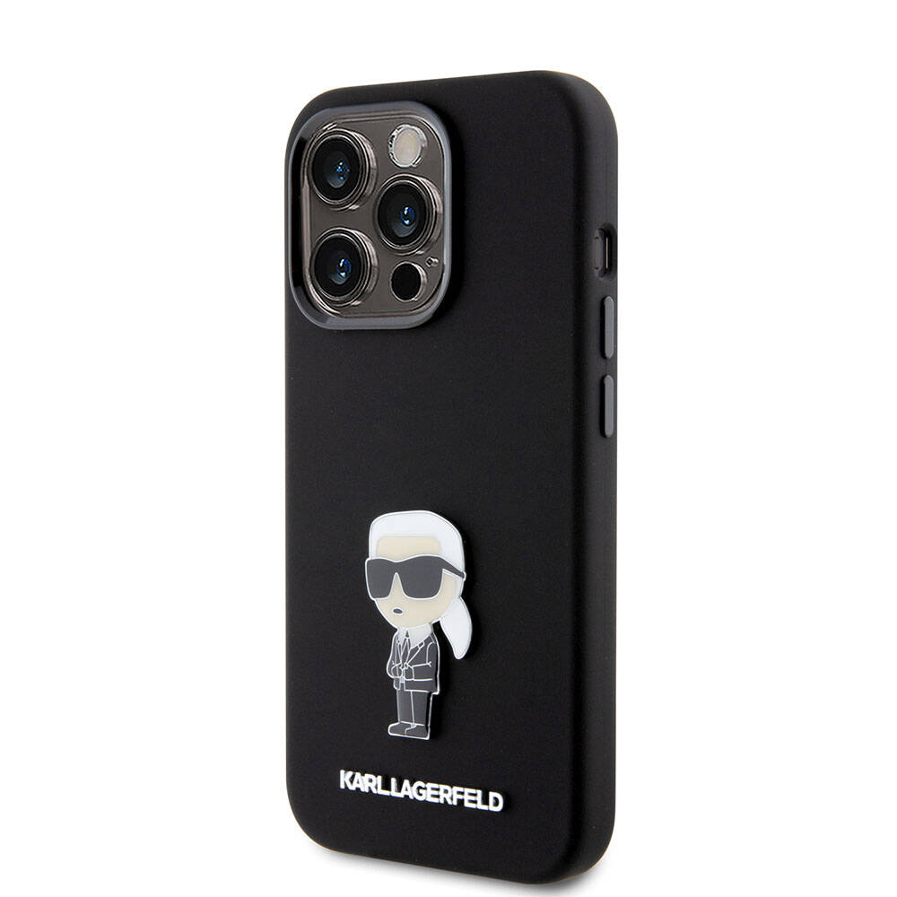 Apple iPhone 15 Pro Max Kılıf Karl Lagerfeld Silikon İkonik Metal Logo Orjinal Lisanslı Kapak Siyah