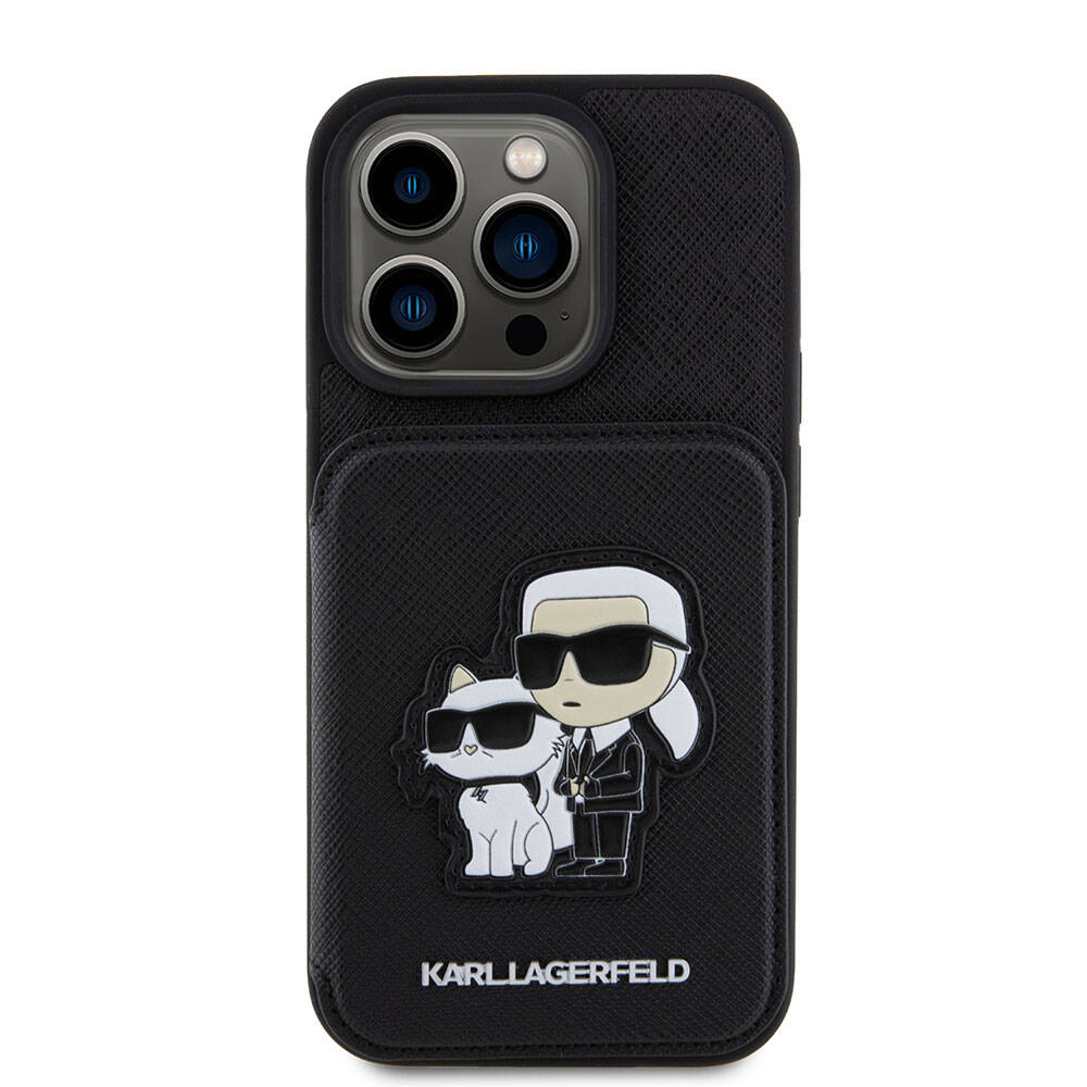Apple iPhone 15 Pro Max Kılıf Karl Lagerfeld Standlı Kartlıklı Saffiano K&C Metal Logo Orjinal Lisanslı Kapak Siyah