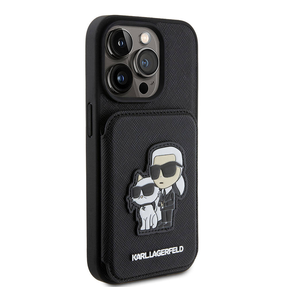 Apple iPhone 15 Pro Max Kılıf Karl Lagerfeld Standlı Kartlıklı Saffiano K&C Metal Logo Orjinal Lisanslı Kapak Siyah