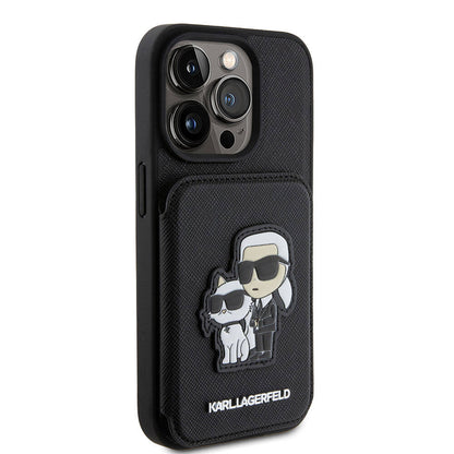 Apple iPhone 15 Pro Max Kılıf Karl Lagerfeld Standlı Kartlıklı Saffiano K&C Metal Logo Orjinal Lisanslı Kapak Siyah