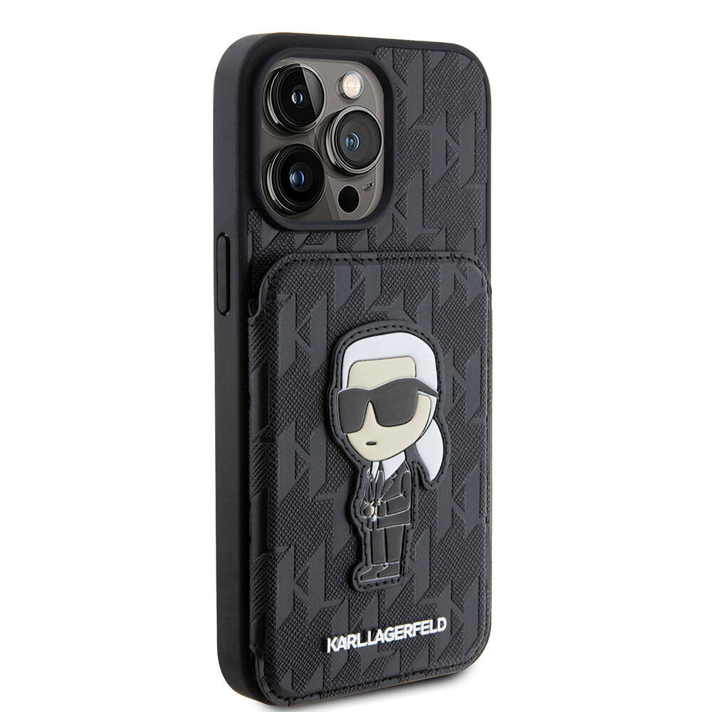 Apple iPhone 15 Pro Max Kılıf Karl Lagerfeld Standlı Kartlıklı Saffiano Monogram İkonik Metal Logo Orjinal Lisanslı Kapak Siyah