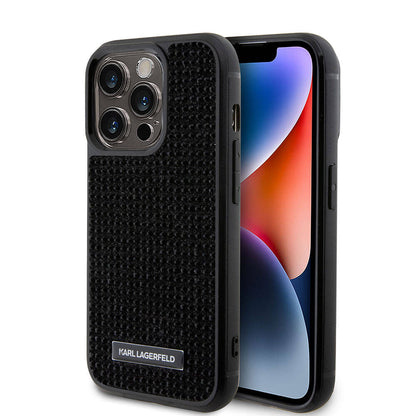 Apple iPhone 15 Pro Max Kılıf Karl Lagerfeld Taşlı Metal Logo Orjinal Lisanslı Kapak Gümüş