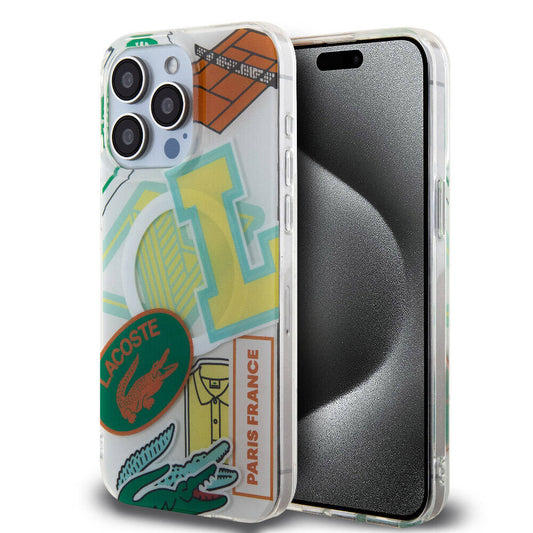 Apple iPhone 15 Pro Max Kılıf Lacoste Orjinal Lisanslı M-safe Şarj Özellikli Çift Katmanlı Yamalar Desenli Kapak Sarı
