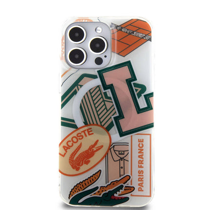 Apple iPhone 15 Pro Max Kılıf Lacoste Orjinal Lisanslı M-safe Şarj Özellikli Çift Katmanlı Yamalar Desenli Kapak Sarı