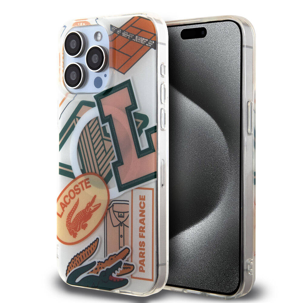 Apple iPhone 15 Pro Max Kılıf Lacoste Orjinal Lisanslı M-safe Şarj Özellikli Çift Katmanlı Yamalar Desenli Kapak Turuncu