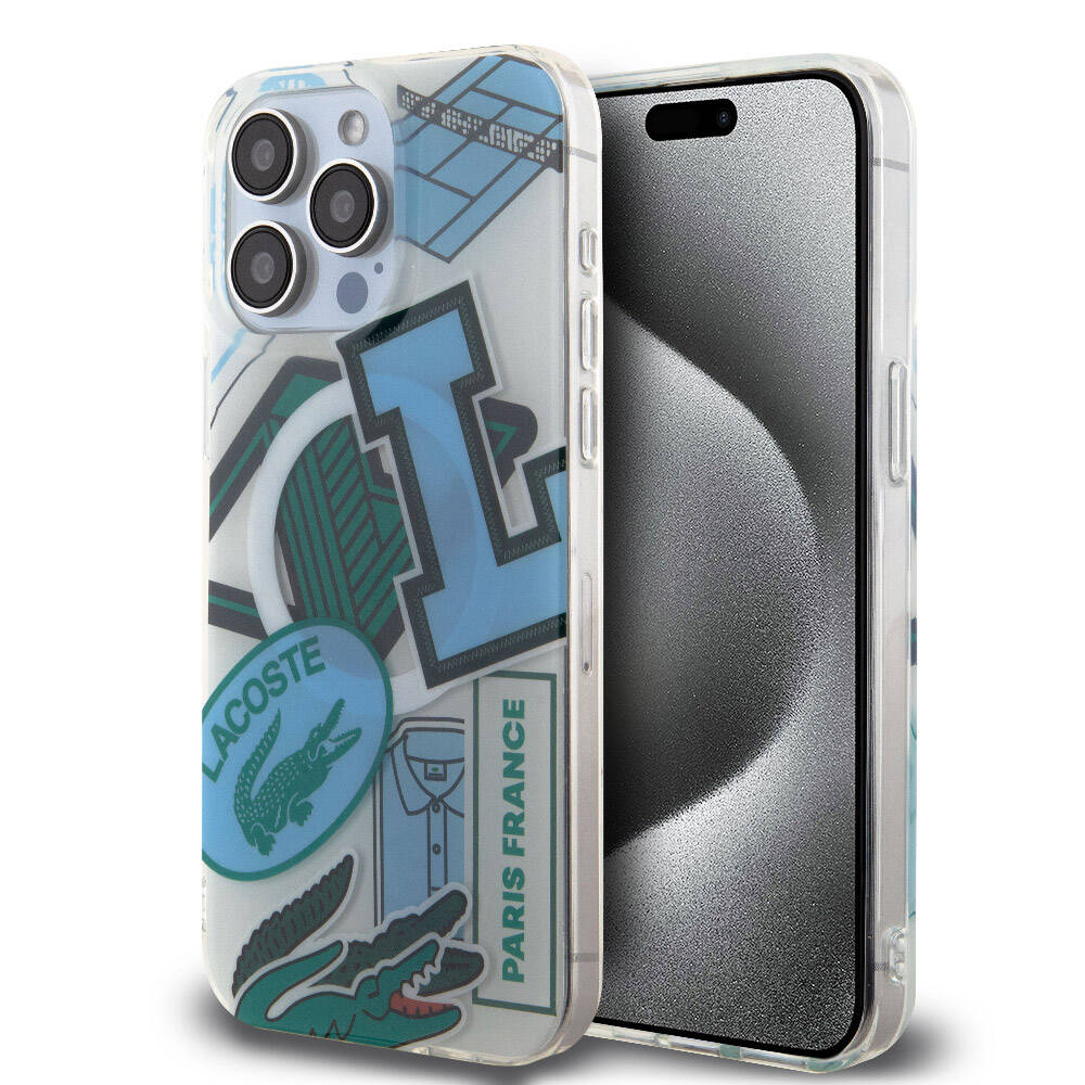 Apple iPhone 15 Pro Max Kılıf Lacoste Orjinal Lisanslı M-safe Şarj Özellikli Çift Katmanlı Yamalar Desenli Kapak Mavi