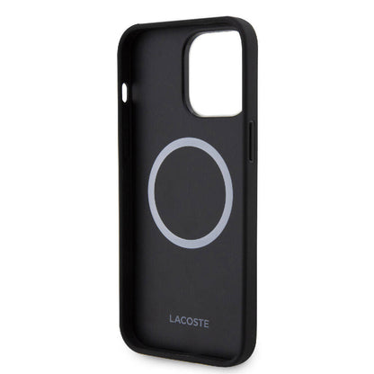 Apple iPhone 15 Pro Max Kılıf Lacoste Orjinal Lisanslı M-safe Şarj Özellikli PU Deri Görünümlü Karışık Monogram Desenli Kapak Lacivert