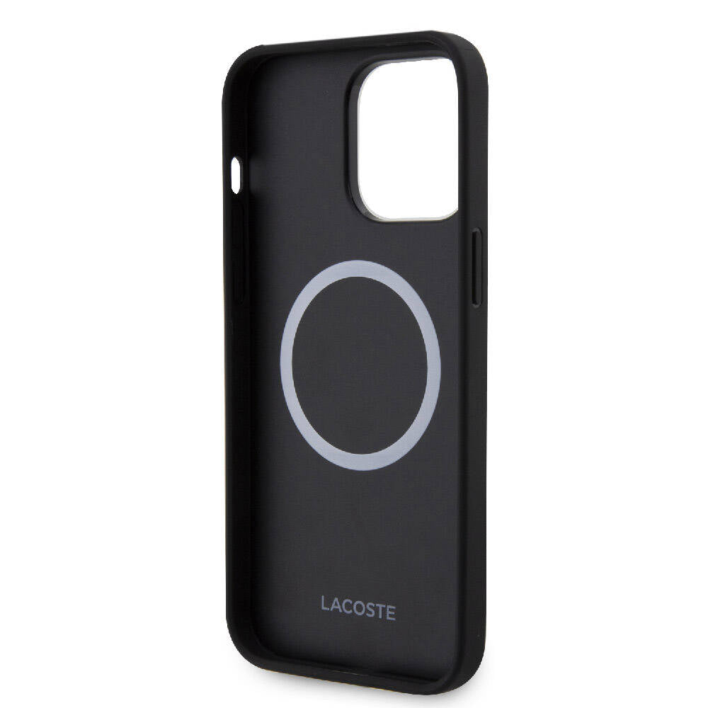 Apple iPhone 15 Pro Max Kılıf Lacoste Orjinal Lisanslı M-safe Şarj Özellikli PU Deri Görünümlü Karışık Monogram Desenli Kapak Siyah
