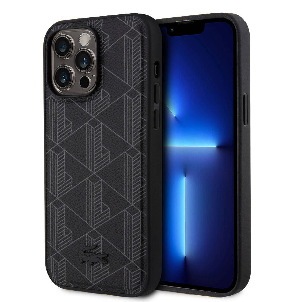 Apple iPhone 15 Pro Max Kılıf Lacoste Orjinal Lisanslı M-safe Şarj Özellikli PU Deri Görünümlü Karışık Monogram Desenli Kapak Siyah