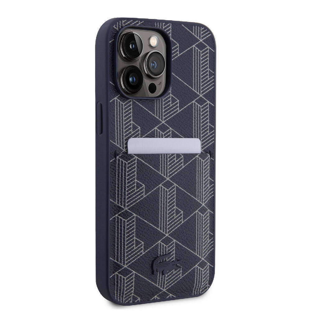 Apple iPhone 15 Pro Max Kılıf Lacoste Orjinal Lisanslı M-safe Şarj Özellikli PU Deri Görünümlü Kartlıklı Karışık Monogram Desenli Kapak Lacivert