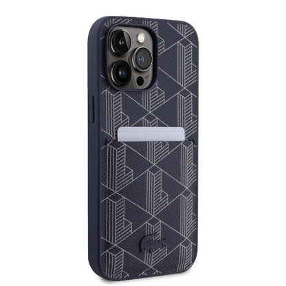 Apple iPhone 15 Pro Max Kılıf Lacoste Orjinal Lisanslı M-safe Şarj Özellikli PU Deri Görünümlü Kartlıklı Karışık Monogram Desenli Kapak Lacivert