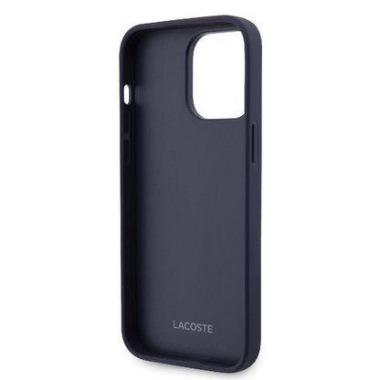 Apple iPhone 15 Pro Max Kılıf Lacoste Orjinal Lisanslı M-safe Şarj Özellikli PU Deri Görünümlü Kartlıklı Karışık Monogram Desenli Kapak Lacivert
