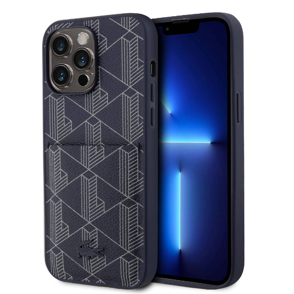 Apple iPhone 15 Pro Max Kılıf Lacoste Orjinal Lisanslı M-safe Şarj Özellikli PU Deri Görünümlü Kartlıklı Karışık Monogram Desenli Kapak Lacivert