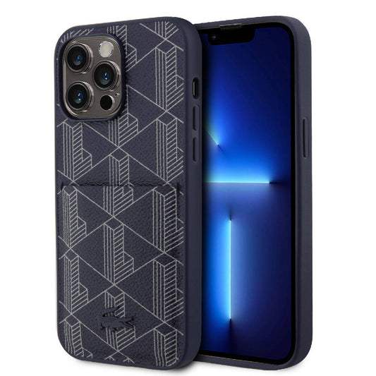 Apple iPhone 15 Pro Max Kılıf Lacoste Orjinal Lisanslı M-safe Şarj Özellikli PU Deri Görünümlü Kartlıklı Karışık Monogram Desenli Kapak Lacivert