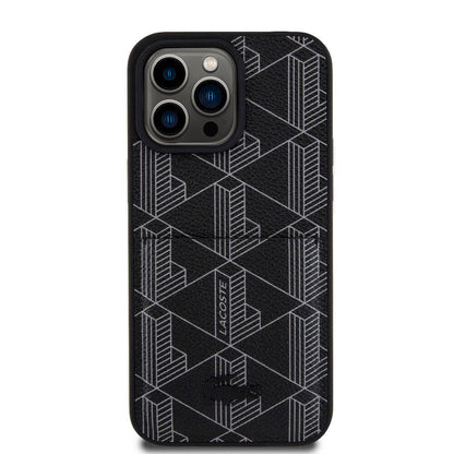 Apple iPhone 15 Pro Max Kılıf Lacoste Orjinal Lisanslı M-safe Şarj Özellikli PU Deri Görünümlü Kartlıklı Karışık Monogram Desenli Kapak Siyah