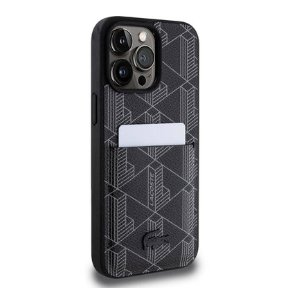 Apple iPhone 15 Pro Max Kılıf Lacoste Orjinal Lisanslı M-safe Şarj Özellikli PU Deri Görünümlü Kartlıklı Karışık Monogram Desenli Kapak Siyah