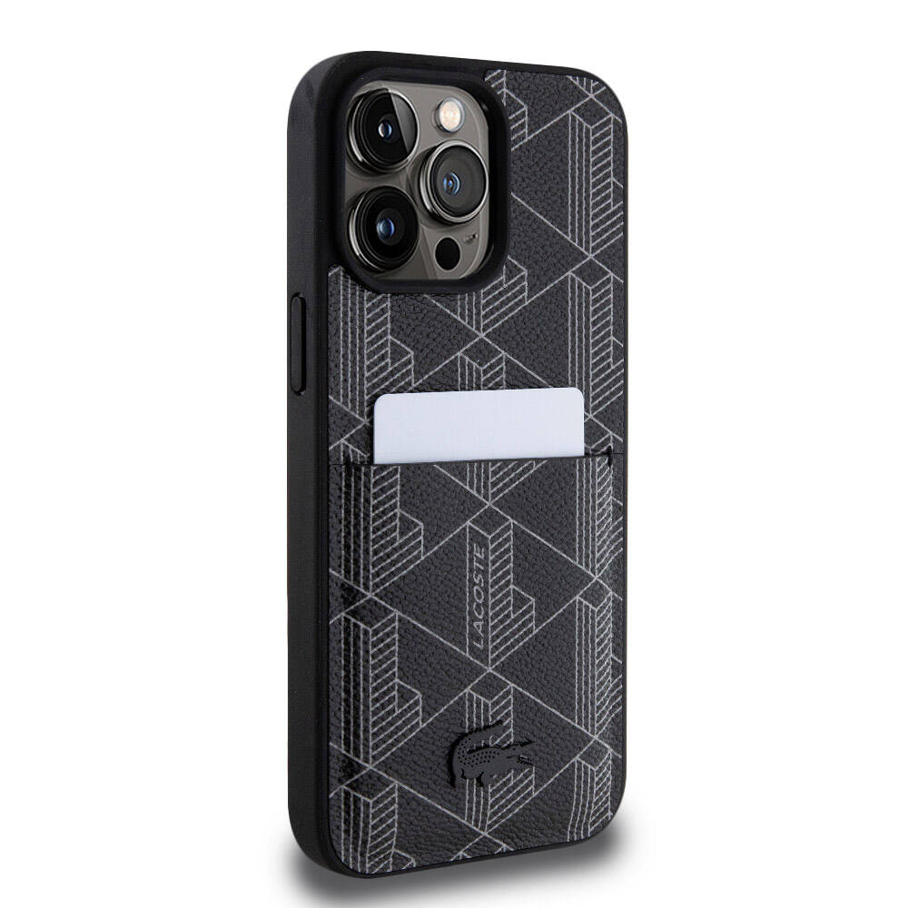 Apple iPhone 15 Pro Max Kılıf Lacoste Orjinal Lisanslı M-safe Şarj Özellikli PU Deri Görünümlü Kartlıklı Karışık Monogram Desenli Kapak Beyaz