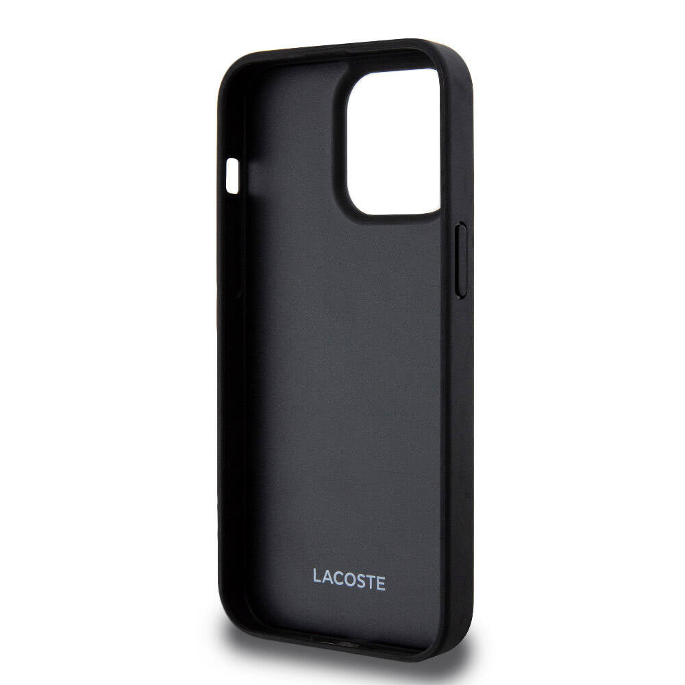 Apple iPhone 15 Pro Max Kılıf Lacoste Orjinal Lisanslı M-safe Şarj Özellikli PU Deri Görünümlü Kartlıklı Karışık Monogram Desenli Kapak Lacivert