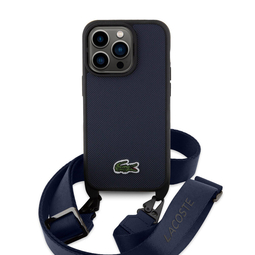 Apple iPhone 15 Pro Max Kılıf Lacoste Orjinal Lisanslı PU Pike Desenli Arka Yüzey Askılı İkonik Timsah Dokuma Logolu Kapak Siyah