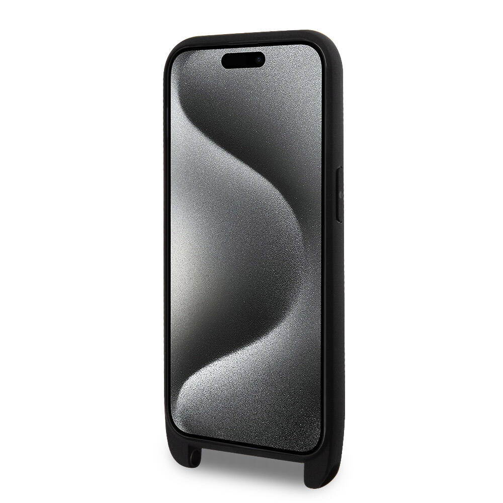 Apple iPhone 15 Pro Max Kılıf Lacoste Orjinal Lisanslı PU Pike Desenli Arka Yüzey Askılı İkonik Timsah Dokuma Logolu Kapak Lacivert