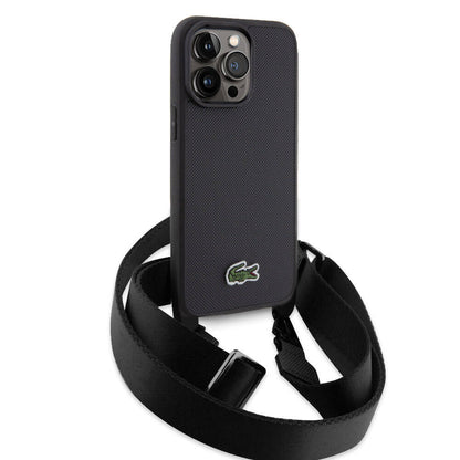 Apple iPhone 15 Pro Max Kılıf Lacoste Orjinal Lisanslı PU Pike Desenli Arka Yüzey Askılı İkonik Timsah Dokuma Logolu Kapak Yeşil