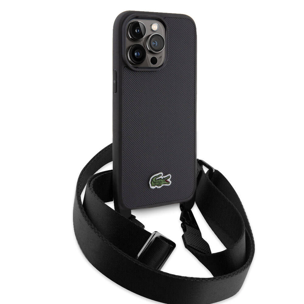 Apple iPhone 15 Pro Max Kılıf Lacoste Orjinal Lisanslı PU Pike Desenli Arka Yüzey Askılı İkonik Timsah Dokuma Logolu Kapak Siyah