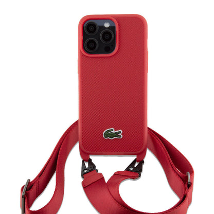 Apple iPhone 15 Pro Max Kılıf Lacoste Orjinal Lisanslı PU Pike Desenli Arka Yüzey Askılı İkonik Timsah Dokuma Logolu Kapak Siyah
