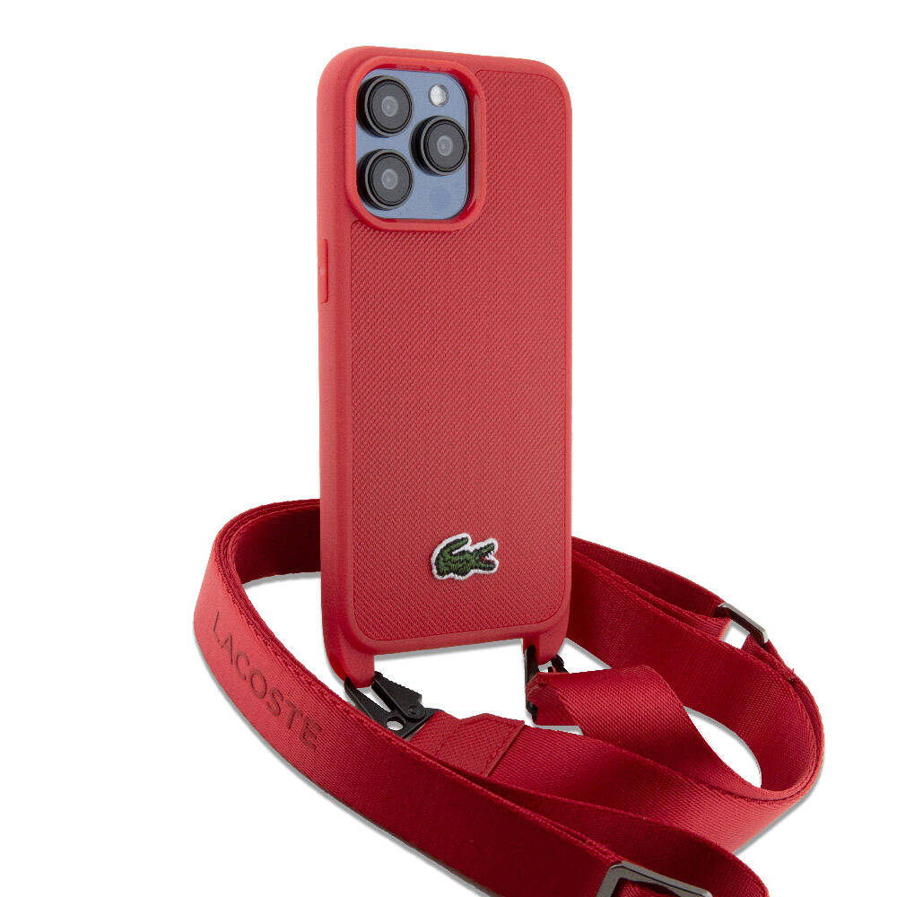 Apple iPhone 15 Pro Max Kılıf Lacoste Orjinal Lisanslı PU Pike Desenli Arka Yüzey Askılı İkonik Timsah Dokuma Logolu Kapak Lacivert