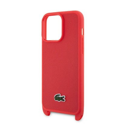 Apple iPhone 15 Pro Max Kılıf Lacoste Orjinal Lisanslı PU Pike Desenli Arka Yüzey Askılı İkonik Timsah Dokuma Logolu Kapak Lacivert