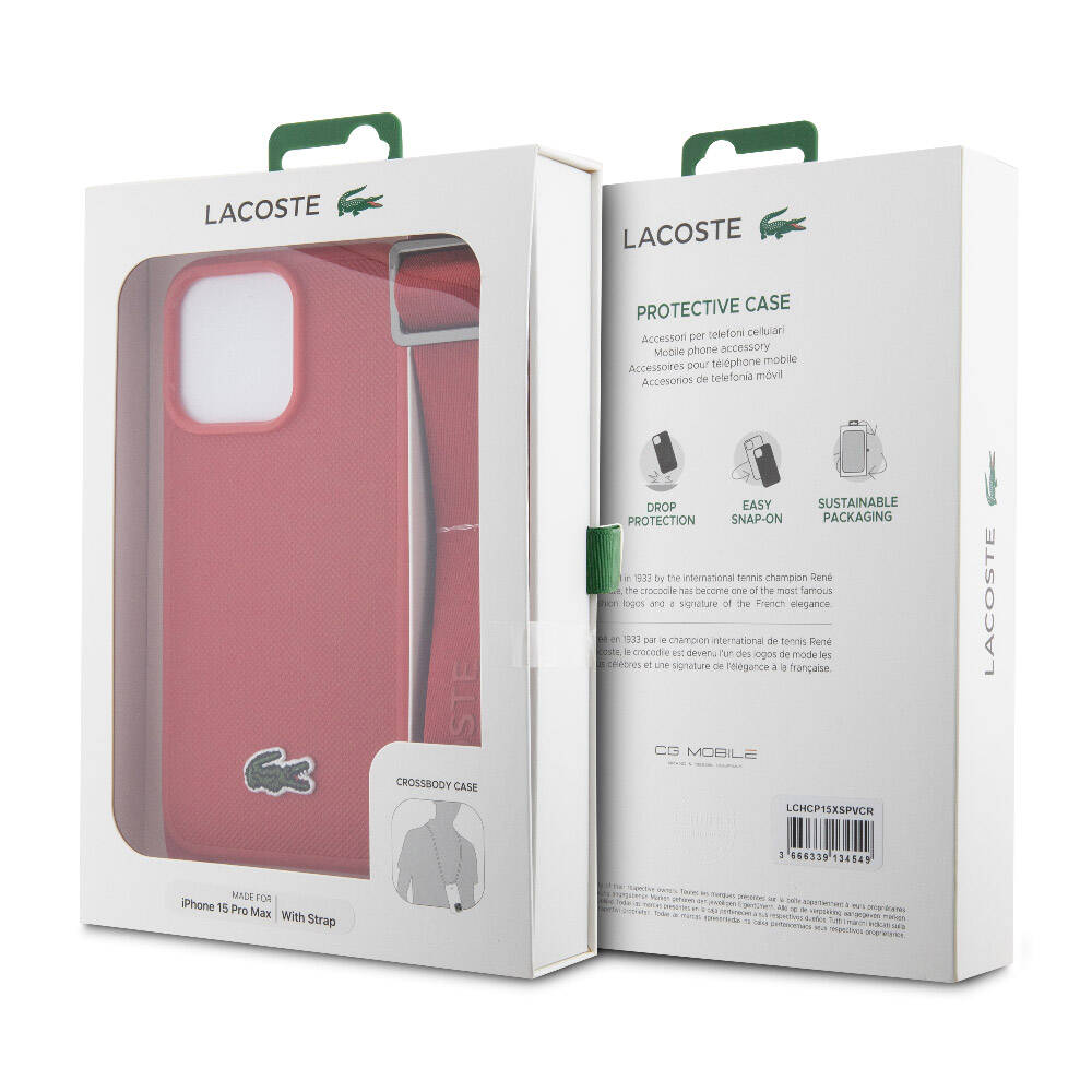 Apple iPhone 15 Pro Max Kılıf Lacoste Orjinal Lisanslı PU Pike Desenli Arka Yüzey Askılı İkonik Timsah Dokuma Logolu Kapak Siyah