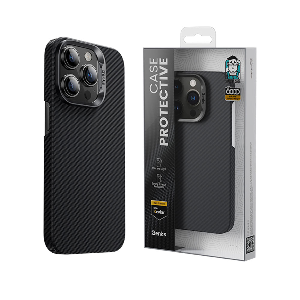 Apple iPhone 15 Pro Max Kılıf M-safe Özellikli Karbon Fiber Benks Essential ArmorAir 600D Kevlar Kapak Siyah