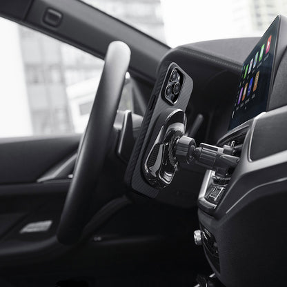 Apple iPhone 15 Pro Max Kılıf M-safe Şarj Özellikli 1500D Aramid Fiber Pitaka Military-Grade Classic Serisi Black-Grey Twill Kapak Siyah-Mavi