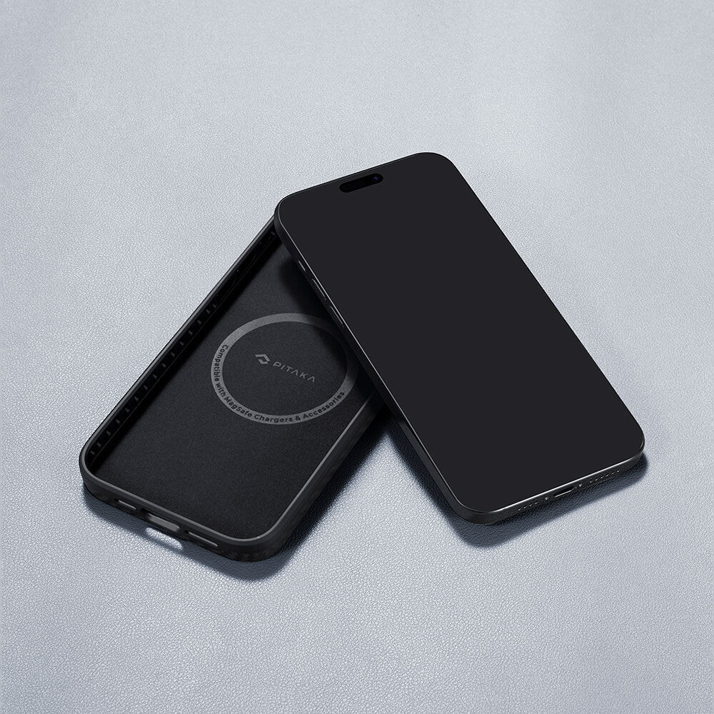 Apple iPhone 15 Pro Max Kılıf M-safe Şarj Özellikli 1500D Aramid Fiber Pitaka Military-Grade Classic Serisi Black-Grey Twill Kapak Siyah-Mavi
