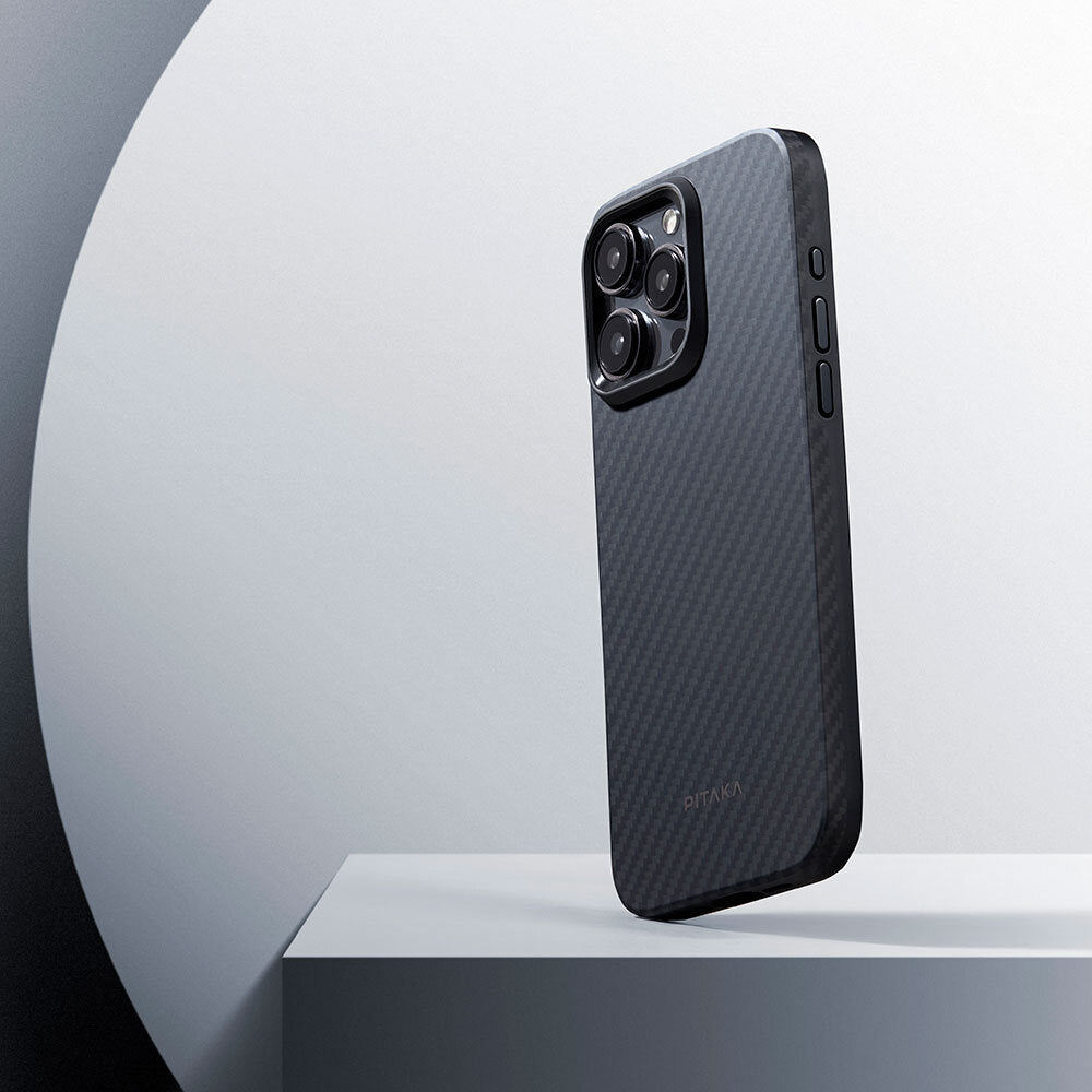 Apple iPhone 15 Pro Max Kılıf M-safe Şarj Özellikli 1500D Aramid Fiber Pitaka Military-Grade Classic Serisi Black-Grey Twill Kapak Siyah-Mavi