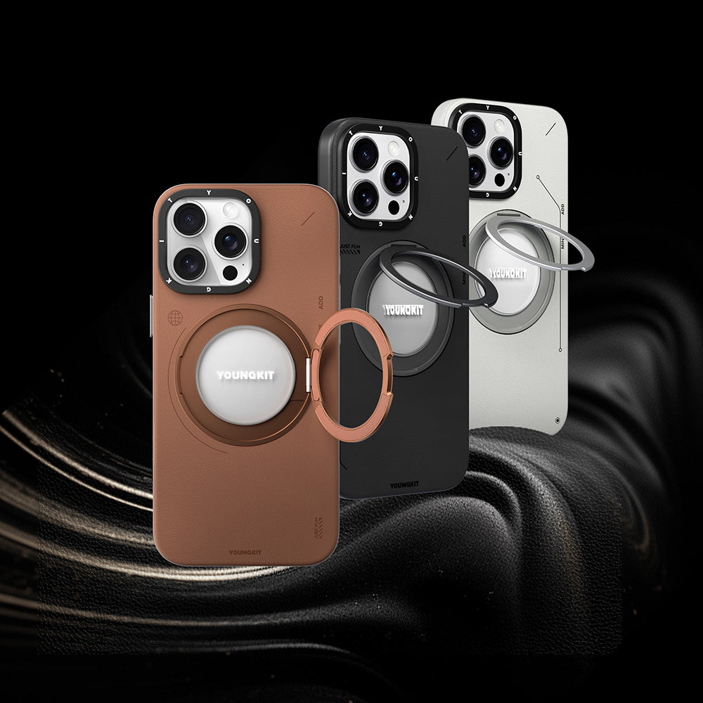 Apple iPhone 15 Pro Max Kılıf M-safe Şarj Özellikli 360° Standlı Basit Mat Deri Desenli Youngkit Tech Leather Serisi Kapak Gri