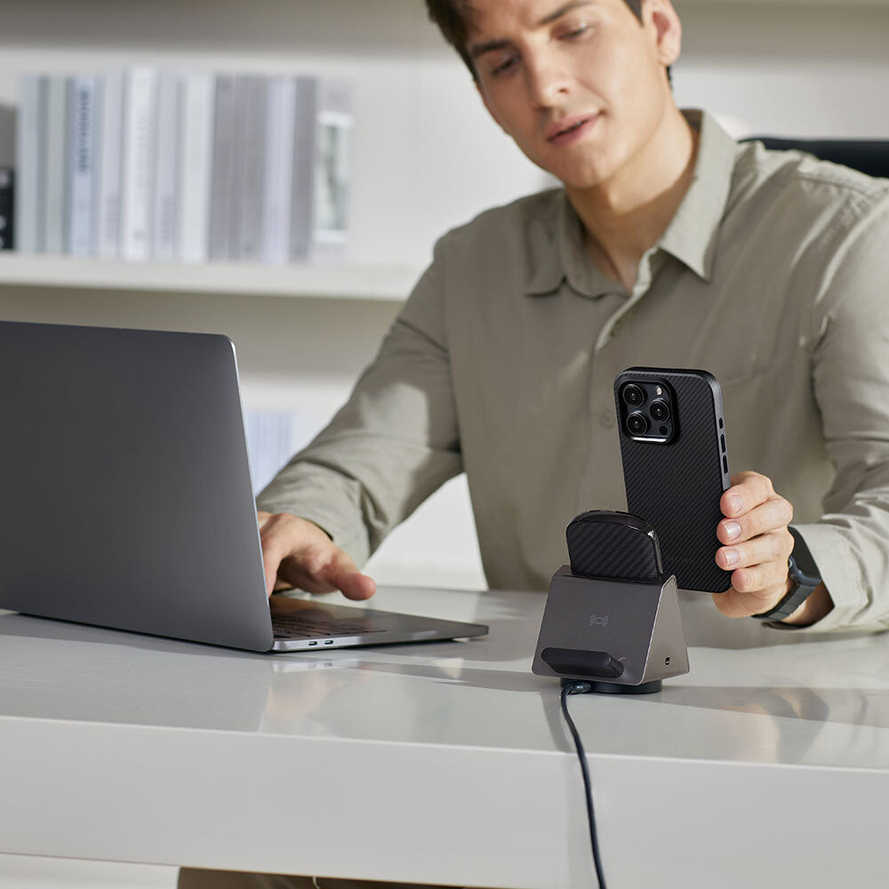 Apple iPhone 15 Pro Max Kılıf M-safe Şarj Özellikli 600D Aramid Fiber Pitaka Military-Grade Classic Serisi Black-Grey Twill Kapak Siyah-Gri