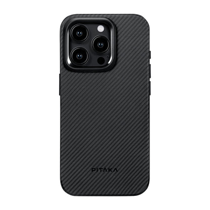 Apple iPhone 15 Pro Max Kılıf M-safe Şarj Özellikli 600D Aramid Fiber Pitaka Military-Grade Classic Serisi Black-Grey Twill Kapak Siyah-Gri