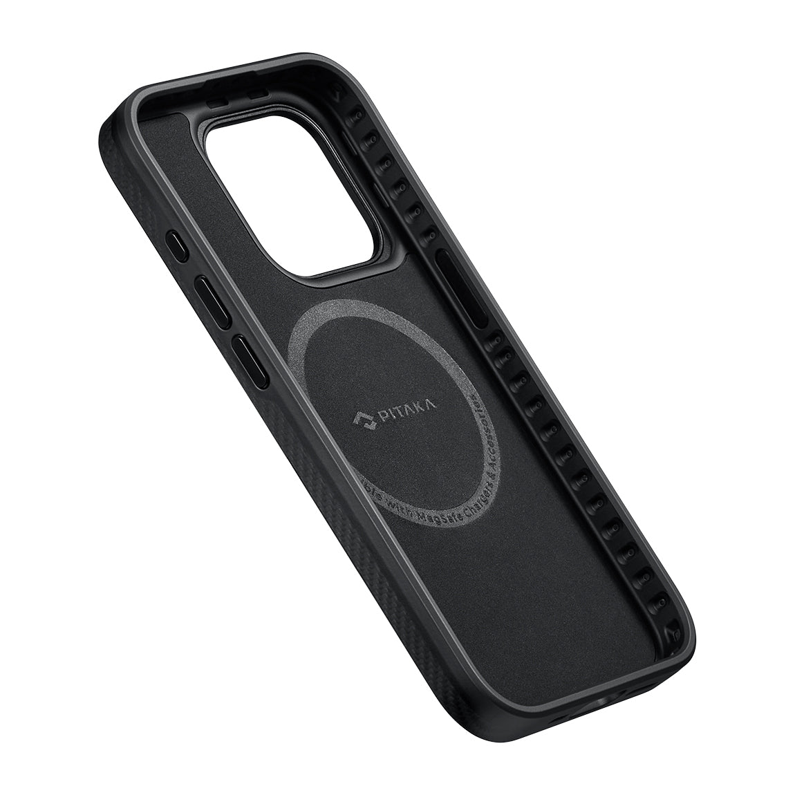 Apple iPhone 15 Pro Max Kılıf M-safe Şarj Özellikli 600D Aramid Fiber Pitaka Military-Grade Classic Serisi Black-Grey Twill Kapak Siyah-Gri