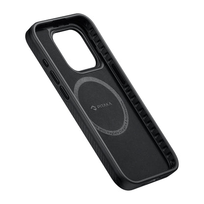 Apple iPhone 15 Pro Max Kılıf M-safe Şarj Özellikli 600D Aramid Fiber Pitaka Military-Grade Classic Serisi Black-Grey Twill Kapak Siyah-Gri