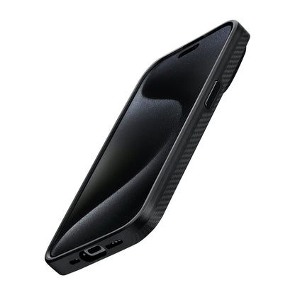 Apple iPhone 15 Pro Max Kılıf M-safe Şarj Özellikli 600D Aramid Fiber Pitaka Military-Grade Classic Serisi Black-Grey Twill Kapak Siyah-Gri