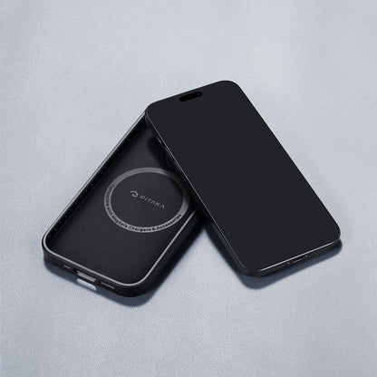 Apple iPhone 15 Pro Max Kılıf M-safe Şarj Özellikli 600D Aramid Fiber Pitaka Military-Grade Classic Serisi Black-Grey Twill Kapak Siyah-Gri