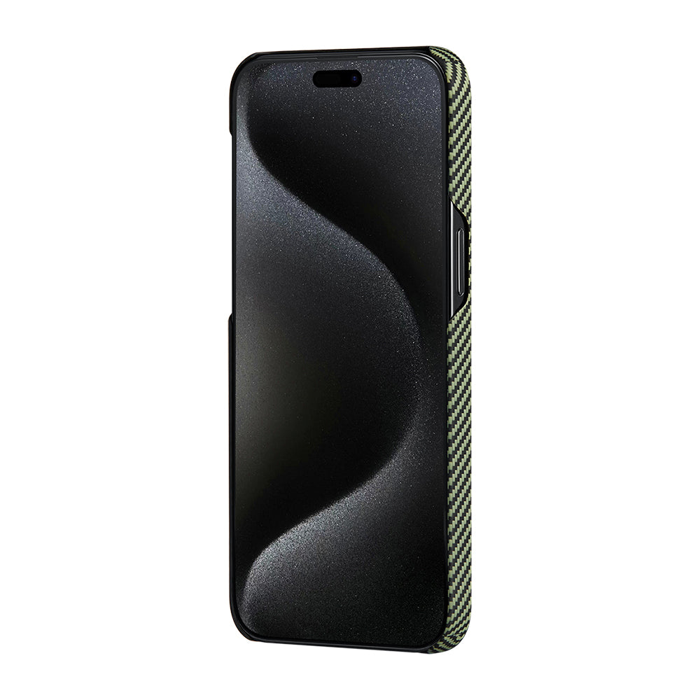 Apple iPhone 15 Pro Max Kılıf M-safe Şarj Özellikli 600D Aramid Fiber Pitaka Tactile Woven Orchestra Serisi Overture Kapak Siyah-Yeşil