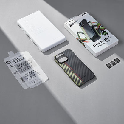 Apple iPhone 15 Pro Max Kılıf M-safe Şarj Özellikli 600D Aramid Fiber Pitaka Tactile Woven Orchestra Serisi Overture Kapak Siyah-Yeşil