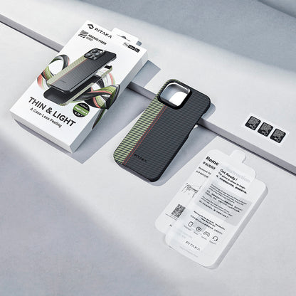 Apple iPhone 15 Pro Max Kılıf M-safe Şarj Özellikli 600D Aramid Fiber Pitaka Tactile Woven Orchestra Serisi Overture Kapak Siyah-Yeşil