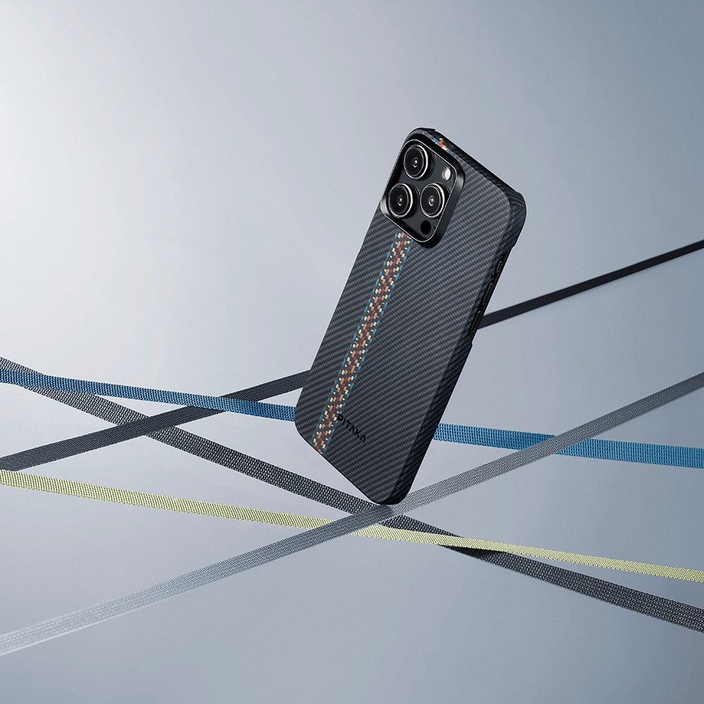 Apple iPhone 15 Pro Max Kılıf M-safe Şarj Özellikli 600D Aramid Fiber Pitaka Tactile Woven Orchestra Serisi Rhapsody Kapak Siyah