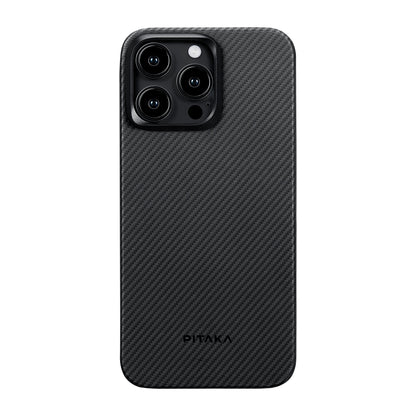 Apple iPhone 15 Pro Max Kılıf M-safe Şarj Özellikli 600D Aramid Fiber Pitaka Ultra-Slim Classic Serisi Black-Grey Twill Kapak Siyah-Gri
