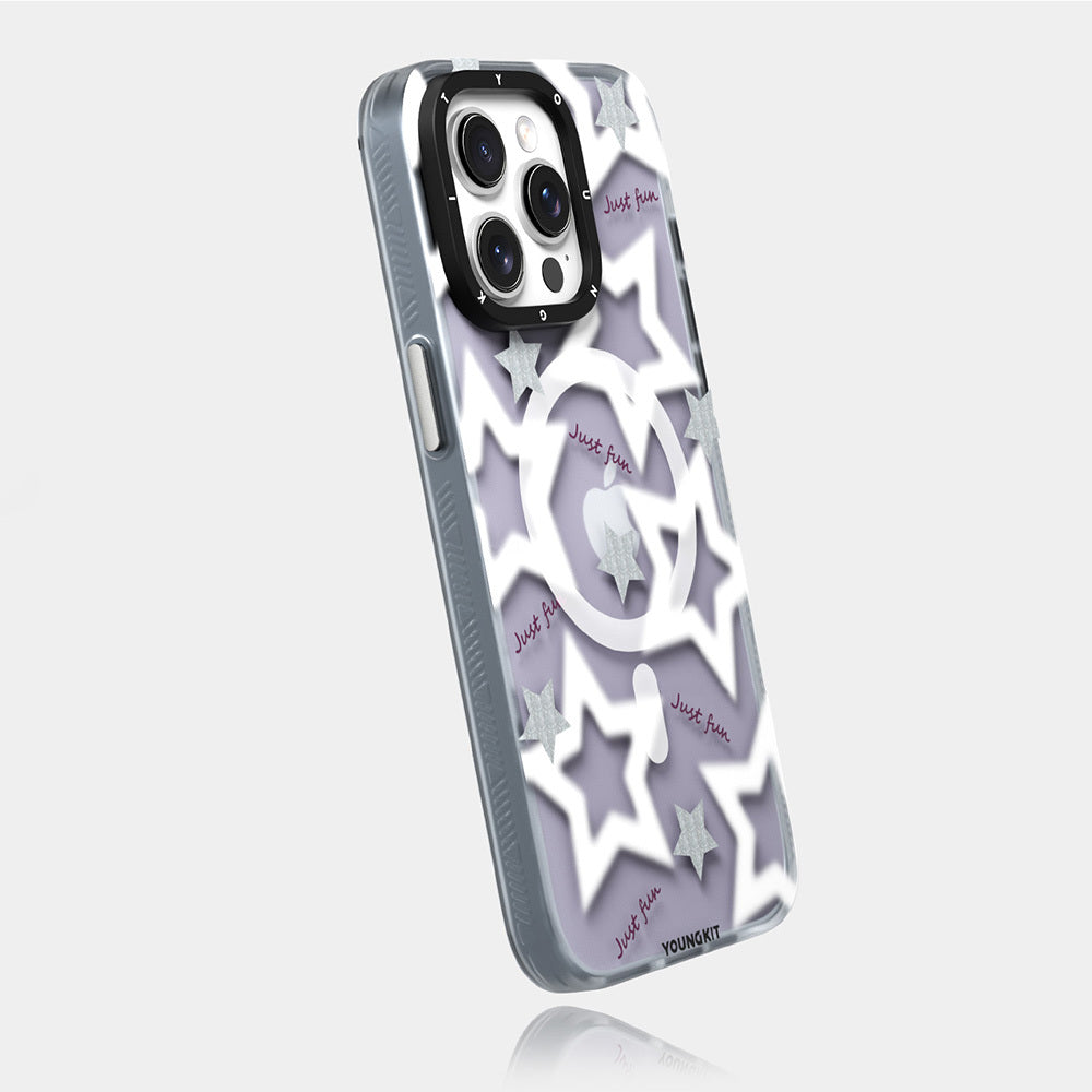 Apple iPhone 15 Pro Max Kılıf M-safe Şarj Özellikli Airbagli Çift Katmanlı Youngkit Star&Butterfly Serisi Kapak Gri