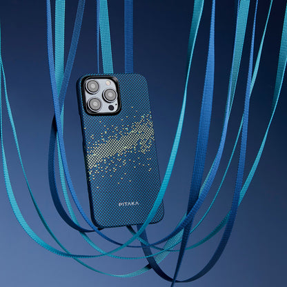 Apple iPhone 15 Pro Max Kılıf M-safe Şarj Özellikli Aramid Fiber Pitaka Tactile Woven Starpeak Serisi Milky Way Galaxy Kapak Mavi