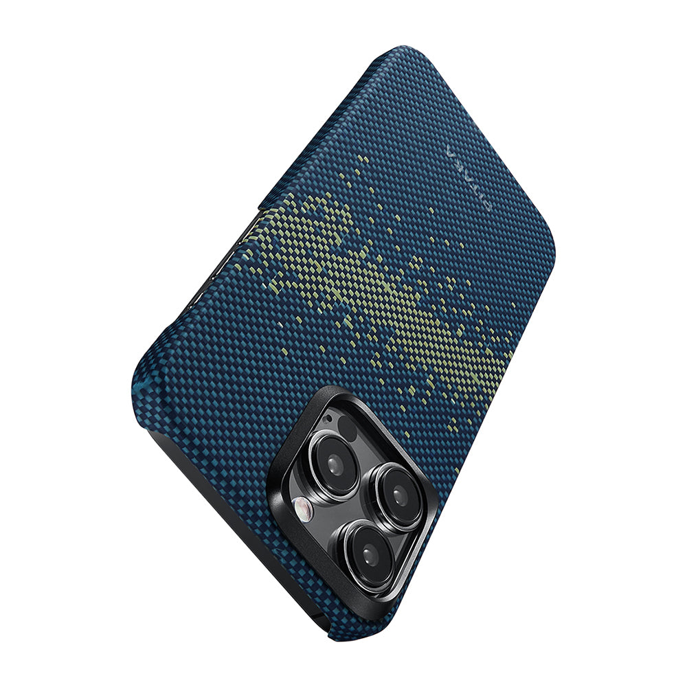 Apple iPhone 15 Pro Max Kılıf M-safe Şarj Özellikli Aramid Fiber Pitaka Tactile Woven Starpeak Serisi Milky Way Galaxy Kapak Mavi